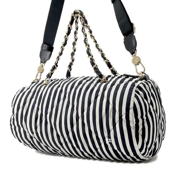 Chanel Black Large 2way Shoulder Bowling Nylon Bag White - Picture 1 of 11